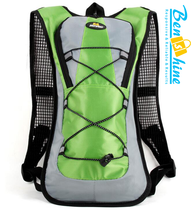 Green and grey hydration backpack with mesh straps and elastic front cord