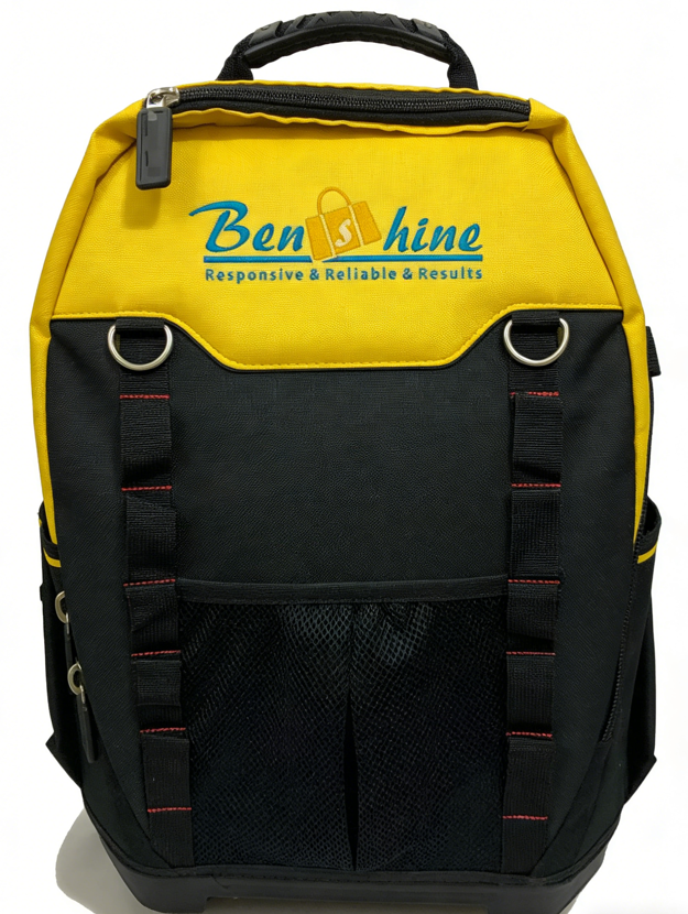 Yellow and black tool backpack with external pockets and attachment straps