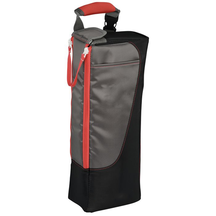 Tall black and red cooler bag with zip opening and carry handle