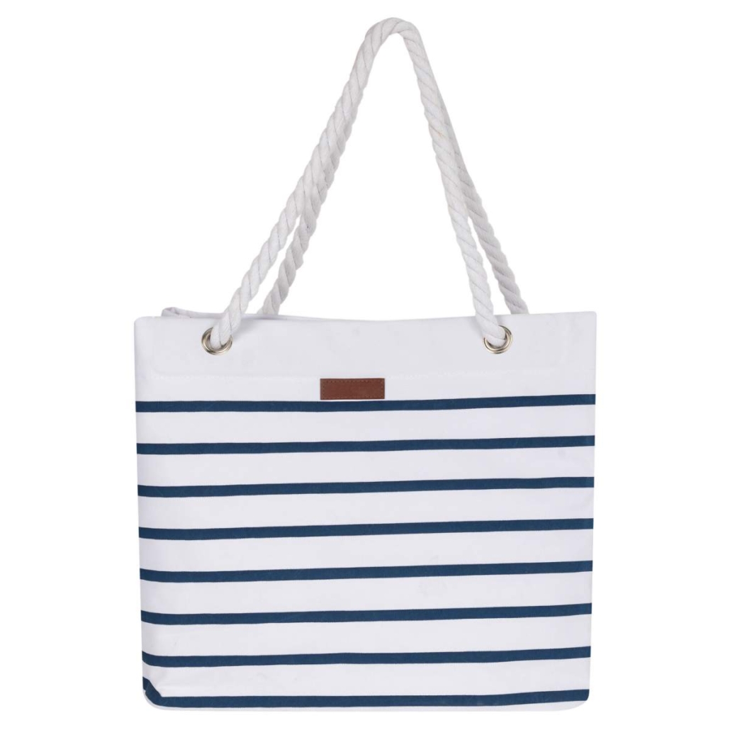 White tote bag with navy stripes and thick rope handles