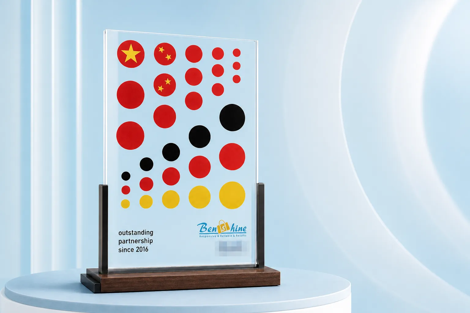 Partnership commemorative plaque presented to Benshine by a German customer