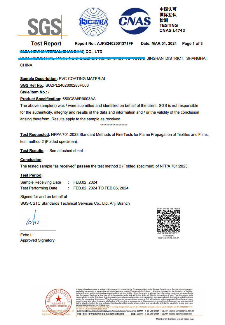 NFPA 701 flame retardancy test report