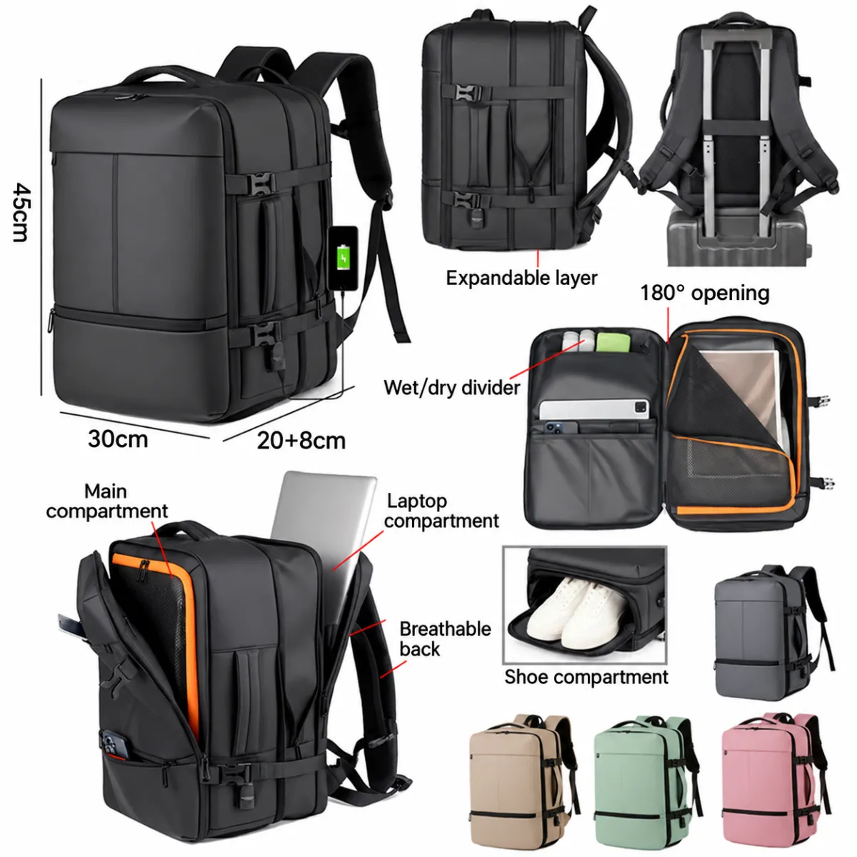 Expandable Oxford Travel and Business Backpack BSS-BP-002 product view — view 2