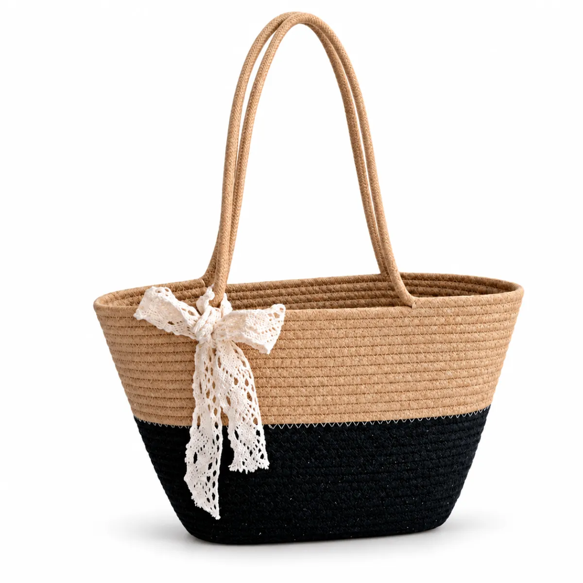 Woven Cotton Tote Bag with Lace Bow BSS-TT-012 product view — view 2