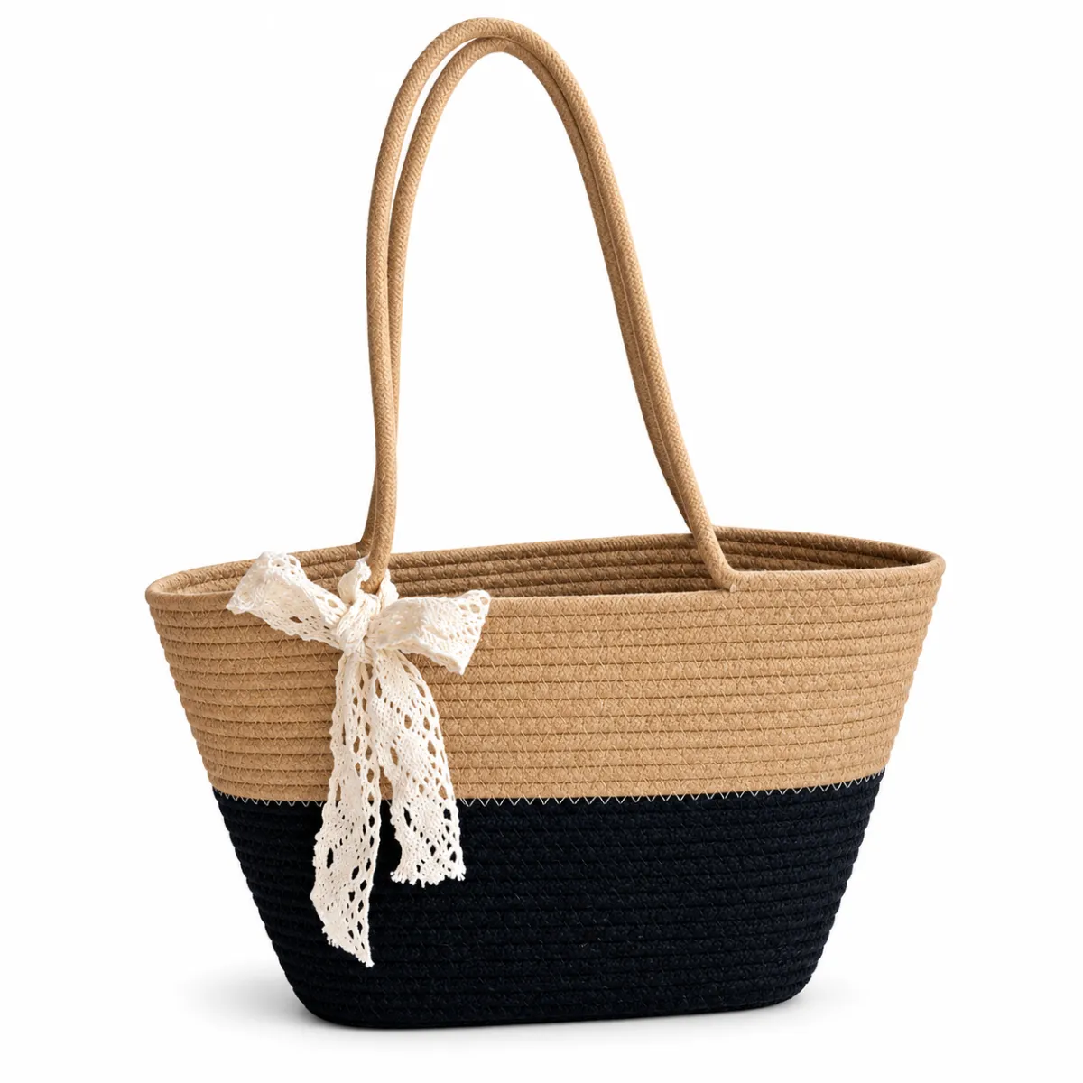 Woven Cotton Tote Bag with Lace Bow BSS-TT-012 product view — view 3