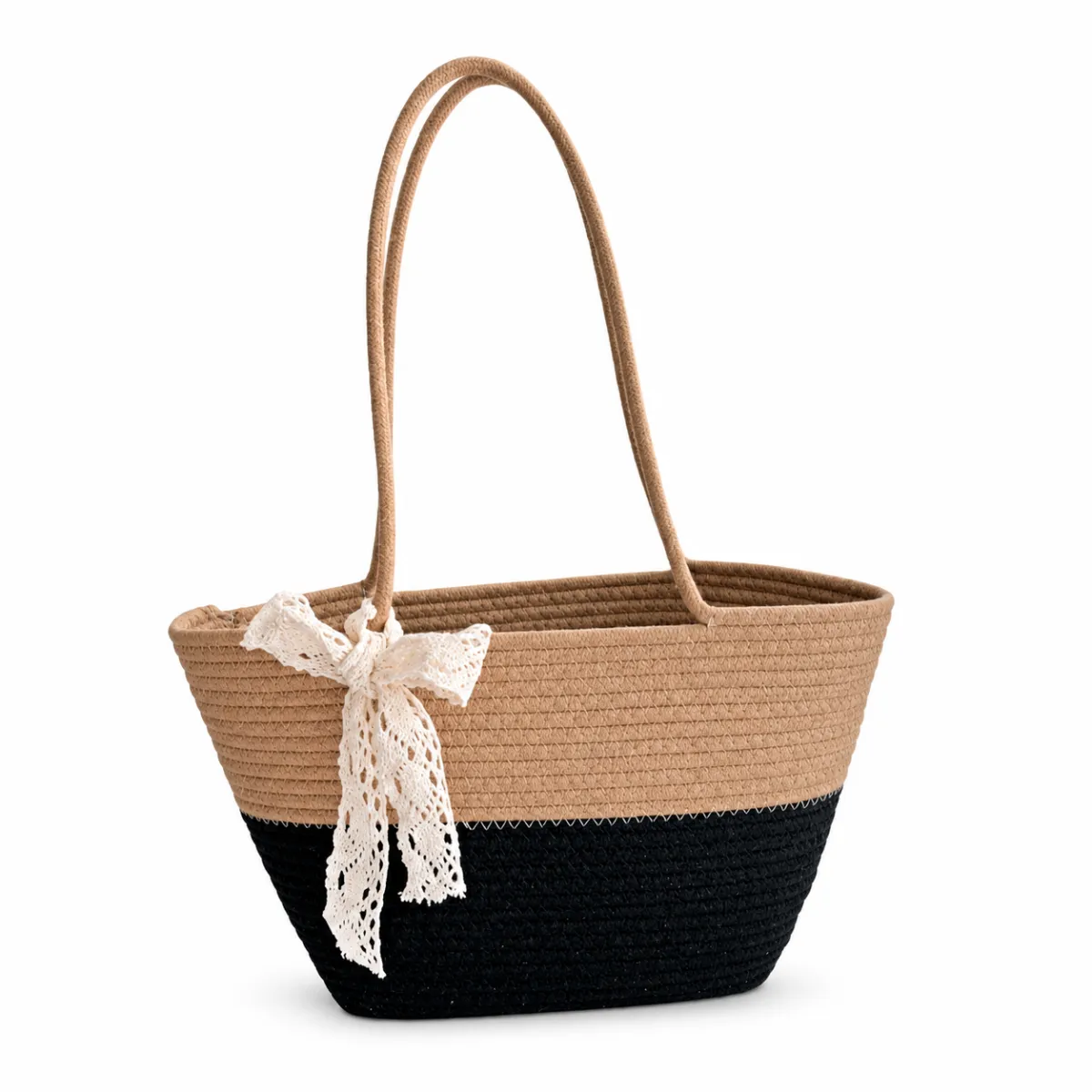 Woven Cotton Tote Bag with Lace Bow BSS-TT-012 product view — view 5