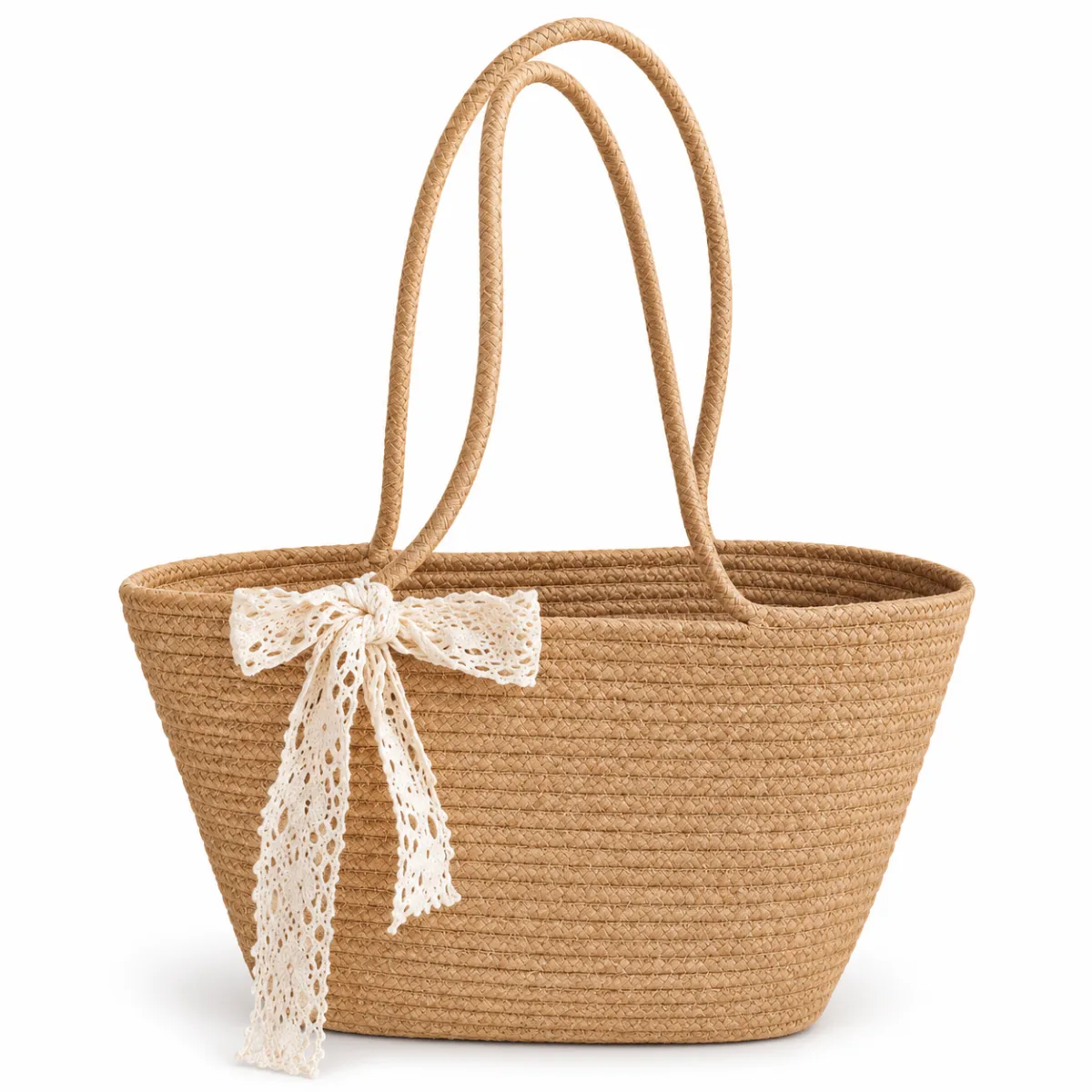Woven Cotton Tote Bag with Lace Bow BSS-TT-012 product view — view 6