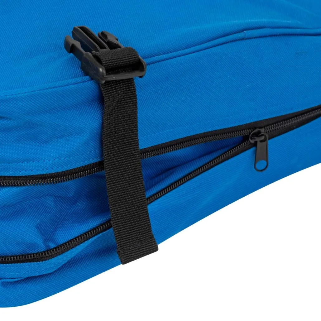Shoulder bag showing zippers, adjustable webbing strap and attachment hardware