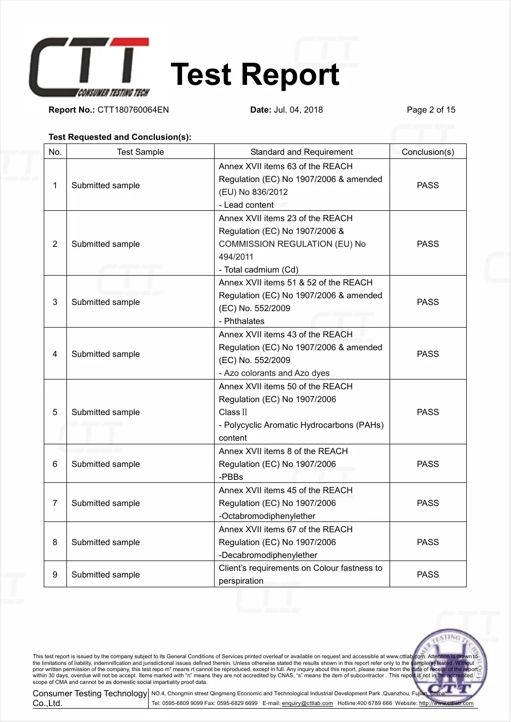 Historical Benshine REACH-related report results page